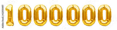 Number 1000000 one million made of golden inflatable balloons isolated on white. Helium balloons, gold foil numbers. Party decoration, number of reached goal of subscribers or followers and likes photo