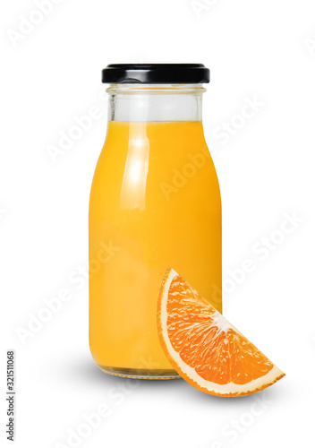 Composition with a bottle of squeezed orange juice and an orange slice isolated on a white background. Clipping path. Print and web element.