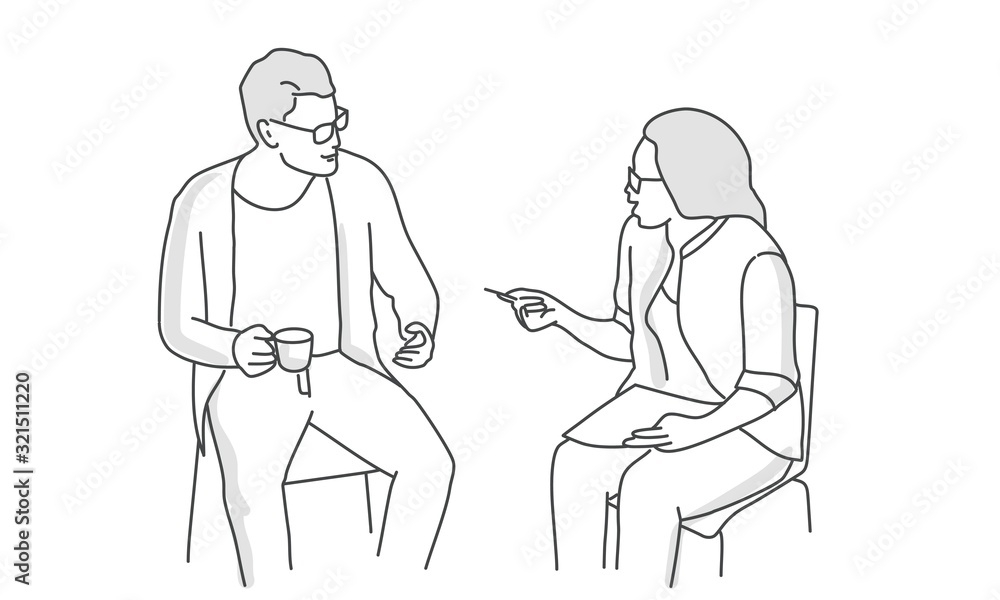 Man and woman discussing work. Line drawing vector illustration.