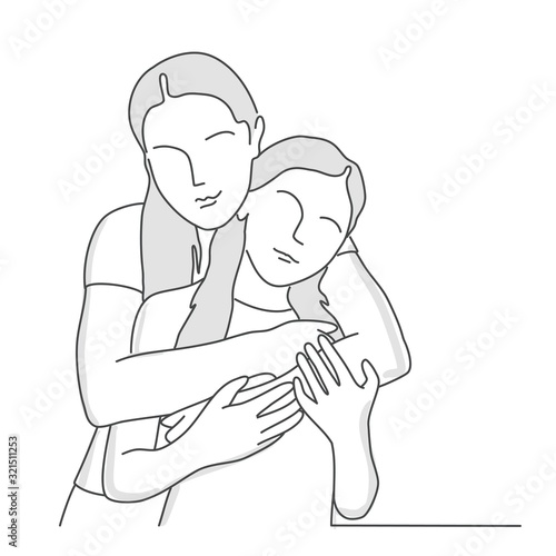 Mother hugs daughter. Older and younger sisters. Line drawing vector illustration.