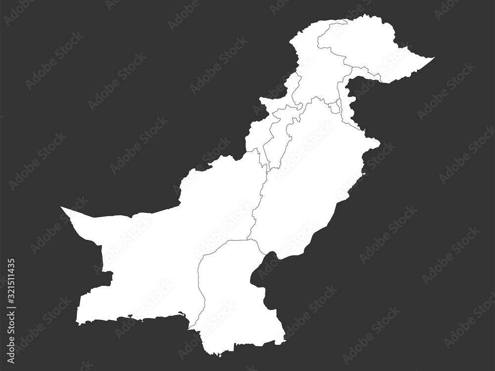Pakistan political map highlighted white on black background. Perfect for business concepts, background, backdrop, sticker, label, chart, poster, banner and wallpaper.