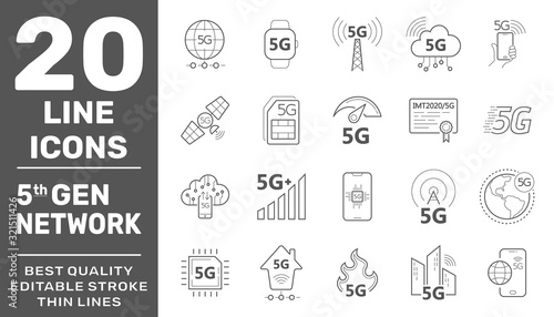 5G internet line icons set. Internet mobile safety wireless 5g signal telecommunication new technology vector symbols. Editable Stroke. EPS 10