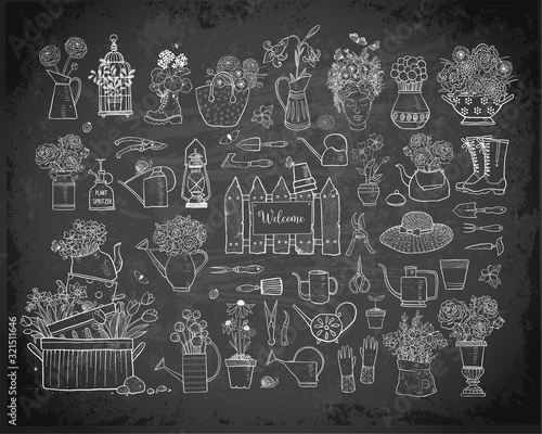 Collection of spring doodle sketch elements: flowers, gardener's tool, bugs and butterflies on blackboard background.