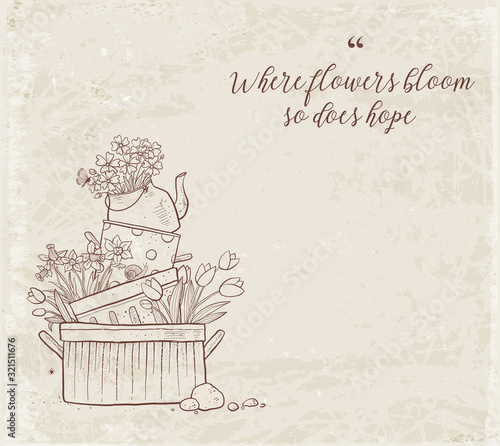 Flower bed made of old cooking pots and kettle. Doodle garden decoration on vintage background.