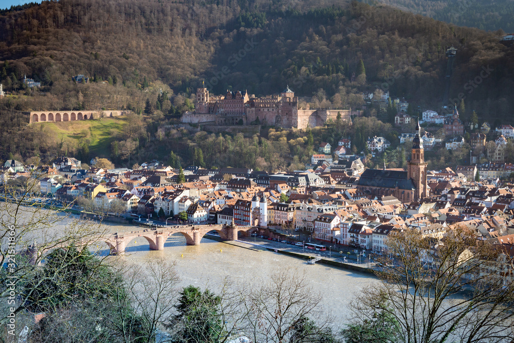 Aerial View of Heidelberg old town with castle and bridge, neckar river, germany