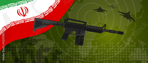 Iran modern warfare world map country army. Soldier with gun and plane. National flag gun military