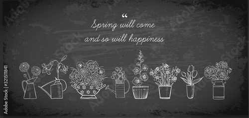 Greeting card with  bouquetes of garden flowers and place for your text on blackboard background.