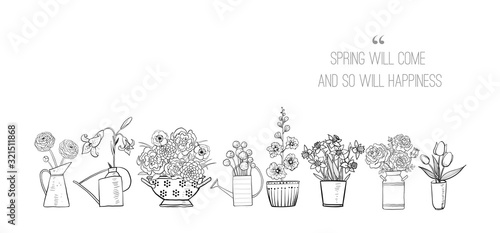 Greeting card with  bouquetes of garden flowers and place for your text on white background.