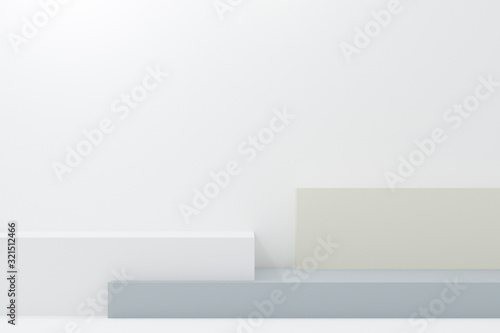 Minimal 3d rendering scene with composition empty steps cube blue white pastel podium for product and abstract background. mock up geometric shape in pastel colors. 3d illustration