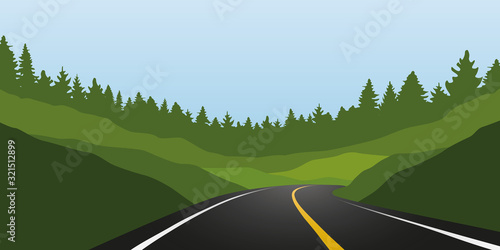 asphalt road in green mountains summer landscape vector illustration EPS10