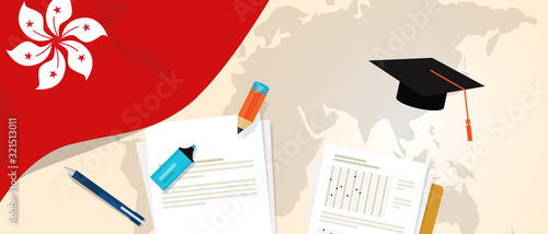 Hongkong education. University college study abroad. Symbol of school knowledge with assessment test paper, pencil and hat