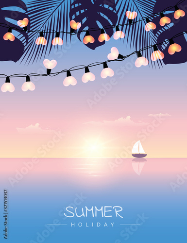 summer holiday sail boat on the sea at sunset with palm leaves and fairy light vector illustration EPS10