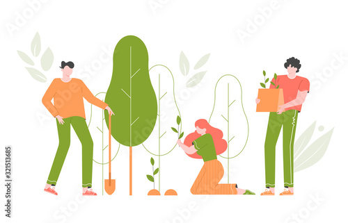 Forest restoration, reforestation planting new trees, environment day. Characters with seedlings and a shovel. Vector flat illustration. photo