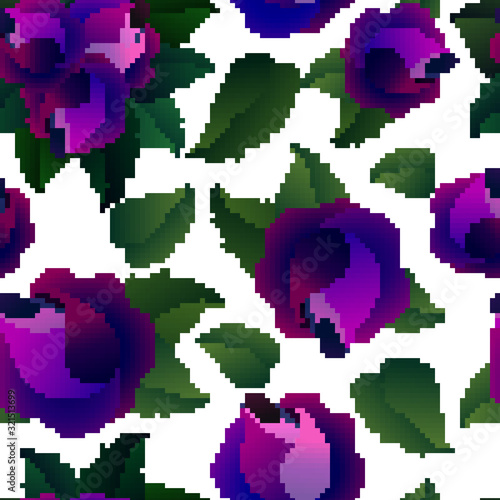 bright, beautiful, fresh, flowering roses with green carved leaves. seamless pattern for textile products, linen, curtains. Print illustration on wallpaper, wrapping paper, gift bags and boxes. lots