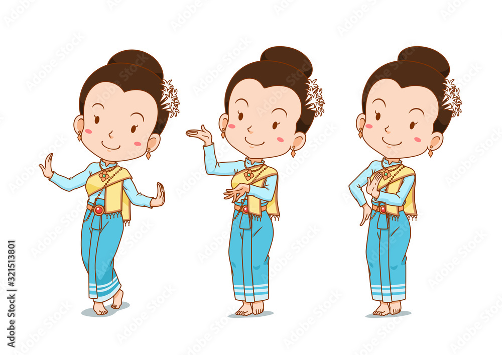 Cartoon character of traditional Thai dancer girl in different poses. Cartoon character of traditional Thai dancer girl in different poses.