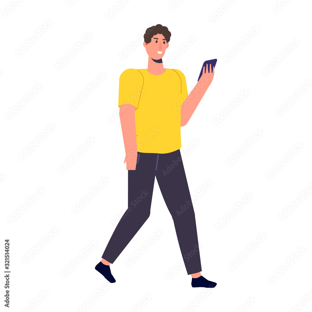 Man with phone in hand. Checking social networks. Vector illustration Man with phone in hand. Checking social networks. Vector illustration