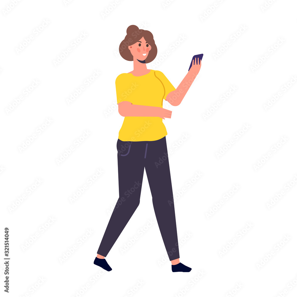 Girl with phone in hand. Checking social networks. Vector illustration