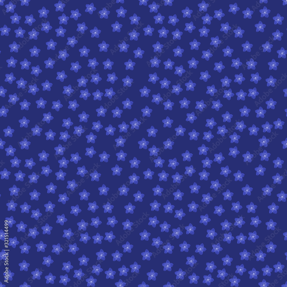 Seamless repeat pattern with blue, flowers on blue background. drawn fabric, gift wrap, wall art design, wrapping paper, background, fabric print, web page backdrop.