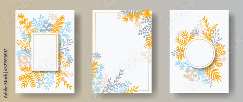 Wild herb twigs, tree branches, leaves floral invitation cards collection. He...