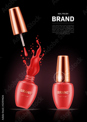 Realistic nail polish bottles with splash and golden lids on black background. Cosmetic brand advertising concept design