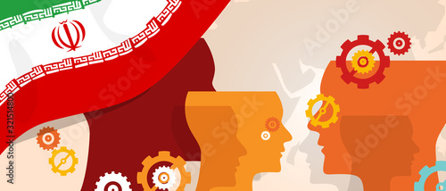 Iran flag with creative cogs. Creativity machine illustration of thinking gear and head