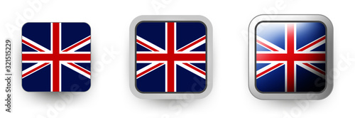6 United Kingdom (UK) vector icons - button shield and gear, flat and volumetric style in flag colors blue, red, white for flyer any holiday design or poster