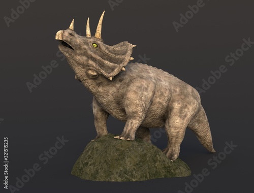 3d render of a triceratops dinosaur on a stone.