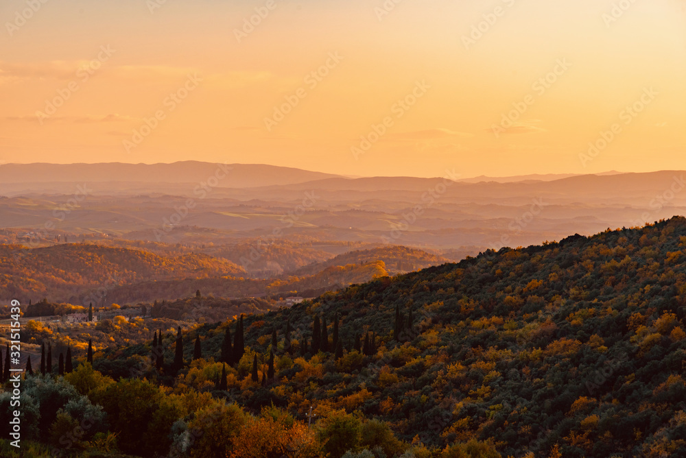 panorama of the autumn woods in Tuscany