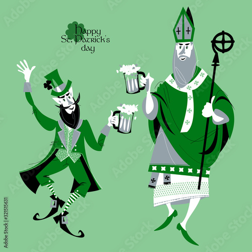 St Patrick (Apostle of Ireland) and Leprechaun holding beer jugs and dancing. Saint Patrick’s Day.
