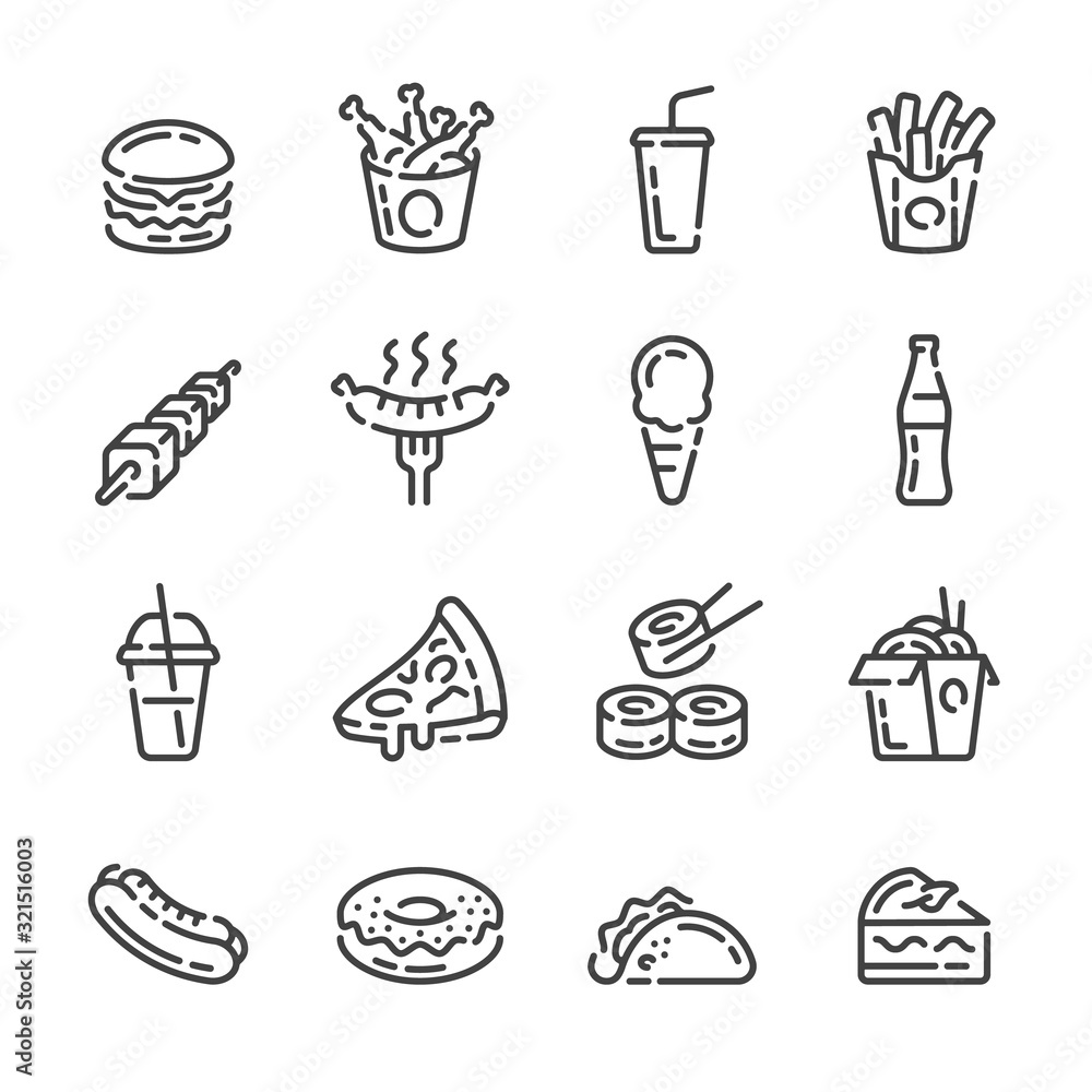 Set of fast food and drink outline icons. Meal and beverage line vector illustration. Set of fast food and drink outline icons. Meal and beverage line vector illustration.