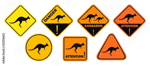 Kangaroo road sign. Isolated kangaroo on white background photo