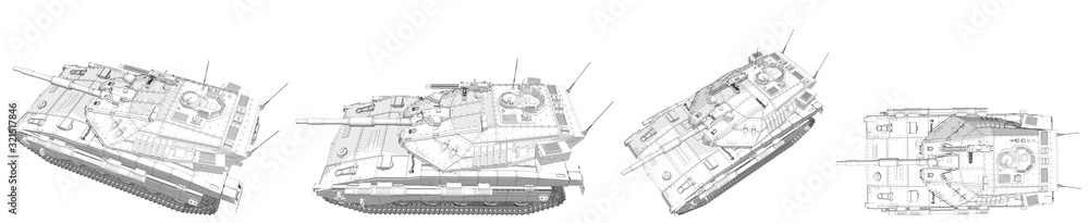 Cartoon style outlined isolated 3D modern tank with fictive design, high detail army power concept - military 3D Illustration