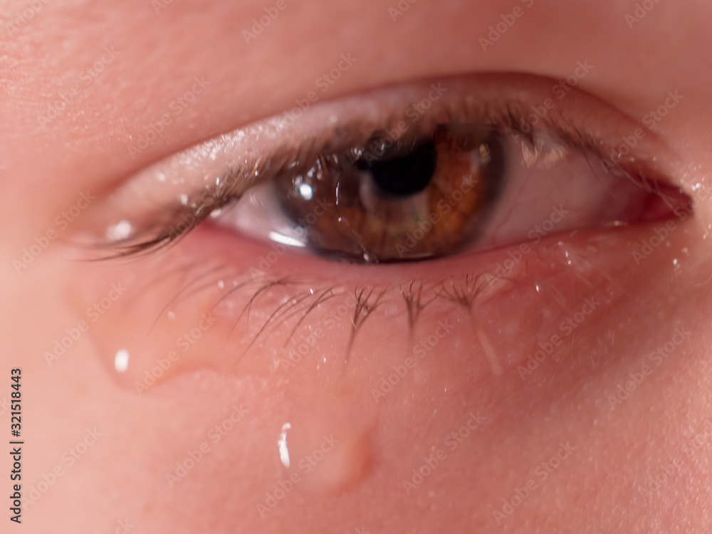 Face of crying boy close up. Eyes, eyelashes, eyebrows, lips, teeth and