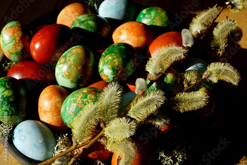 Easter eggs dyed naturally in onion peel and willow branch