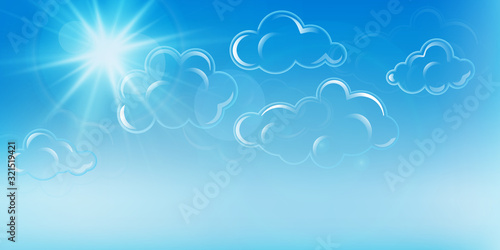 Blue sky sun background. Clear summer nature, sunlight weather. White glow sunrise,  heaven. Bright sparkle burst. Esp10