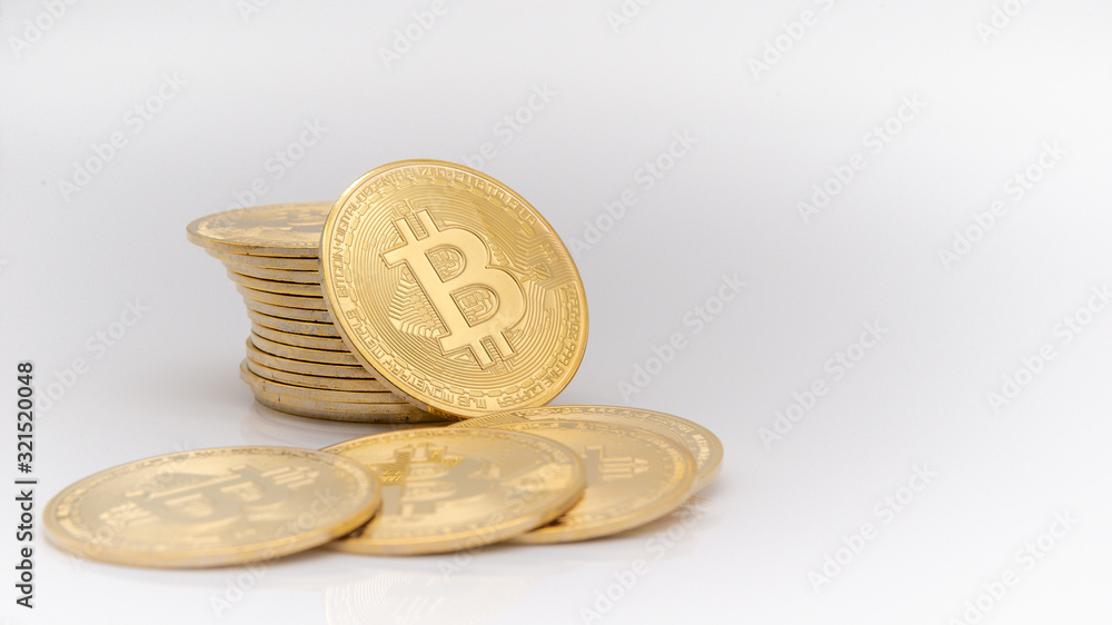 Stack of Bitcoins BTC coins on white background Stack of Bitcoins BTC coins on white background