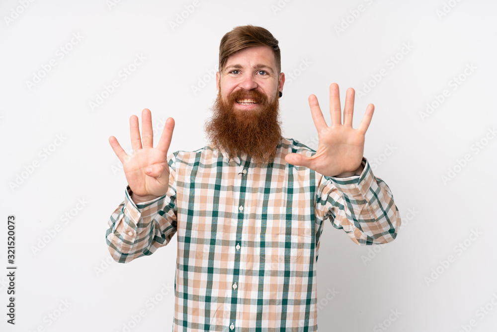 Redhead man with long beard over isolated white background counting nine with fingers Redhead man with long beard over isolated white background counting nine with fingers