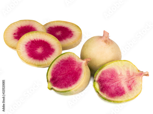 Red salad radish and its slices and halfs isolated on white background