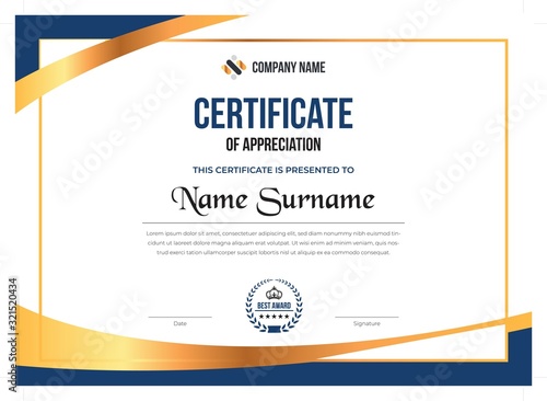Creative certificate of appreciation award template with blue and golden shapes and badge