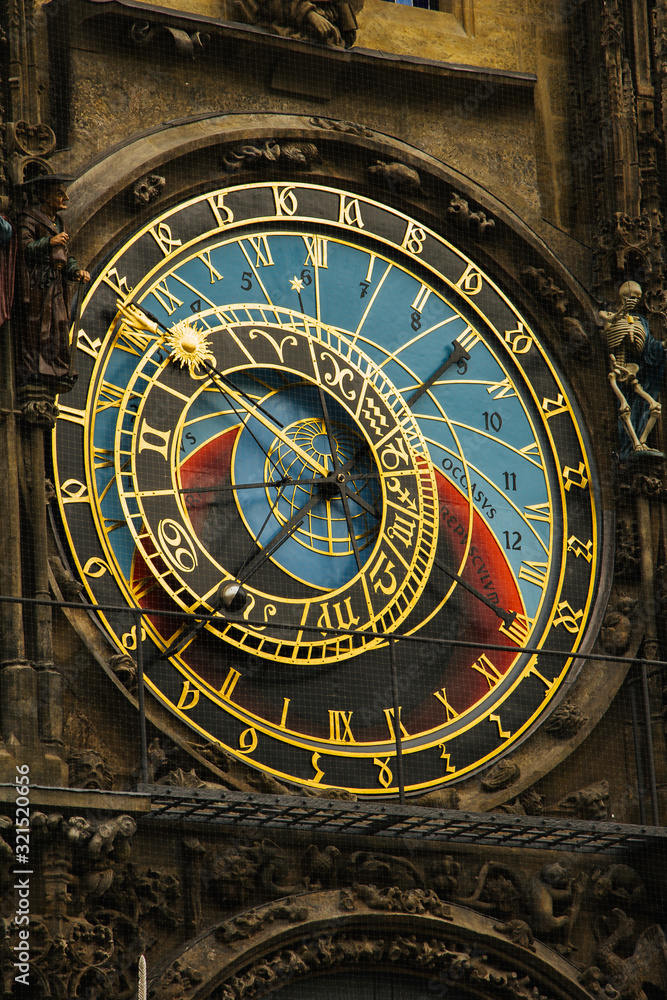 Prague. Czech. 10.05.2019: Prague Astronomical Clock in the Old Town of Prague. Beautiful, colorful, with arrows. The concept of the passing time.