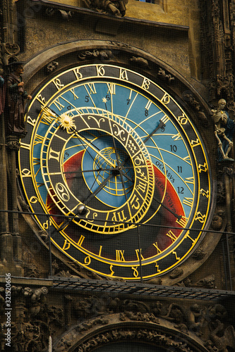 Prague. Czech. 10.05.2019: Prague Astronomical Clock in the Old Town of Prague. Beautiful, colorful, with arrows. The concept of the passing time.