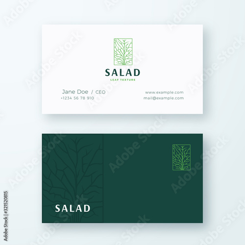 Salad Lettuce In a Frame Abstract Vector Sign or Logo and Business Card Template. Premium Stationary Realistic Mock Up. Vegetable or Green Food Emblem with Modern Typography.