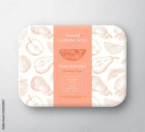 Tangerines Bath Cosmetics Package Box. Abstract Vector Wrapped Paper Container with Label Cover. Packaging Design. Modern Typography and Hand Drawn Fruits, Citrus Background Pattern Layout.