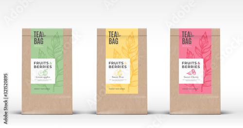 Craft Paper Bag with Fruit and Berries Tea Labels Set. Abstract Vector Packaging Design Layout with Realistic Shadows. Hand Drawn Apple, Pear and Cherry Silhouettes Background.
