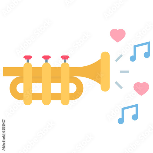 Musical instrument Concept, Brass Trombone Musical Notes As Pink heart Shape Vector Color Flat Icon Design, Celebration Melody Loop on White Background