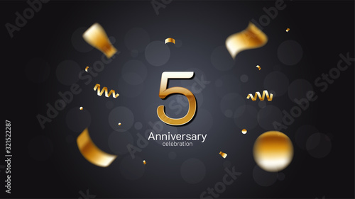 5th anniversary celebration Gold numbers editable vector EPS 10 shadow and sparkling confetti with bokeh light black background. modern elegant design for wedding party or company event decoration