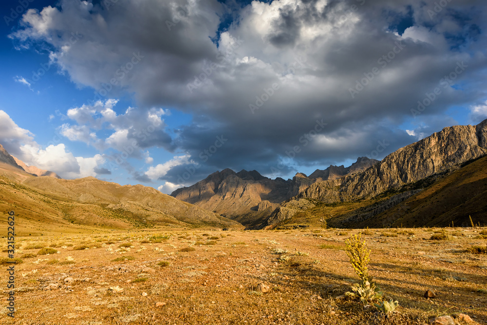 Panoramic view of the mountains at sunset in the Turkish national Park aladag in summer