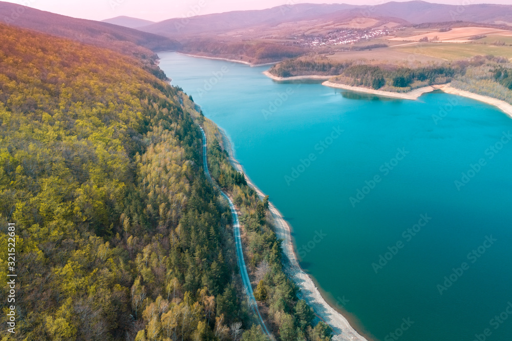 Panoramic view of lake Bukovec Kosice region, Slovakia in early spring. View from above