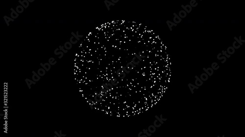 Minimalistic sphere of white round particles rotating on black background.