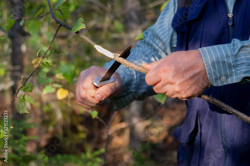 Make a stick from a tree branch with a knife.